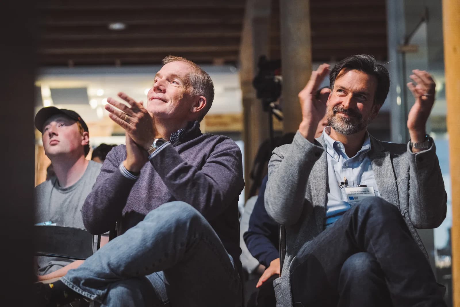 JSV team members reacting to a founder pitch